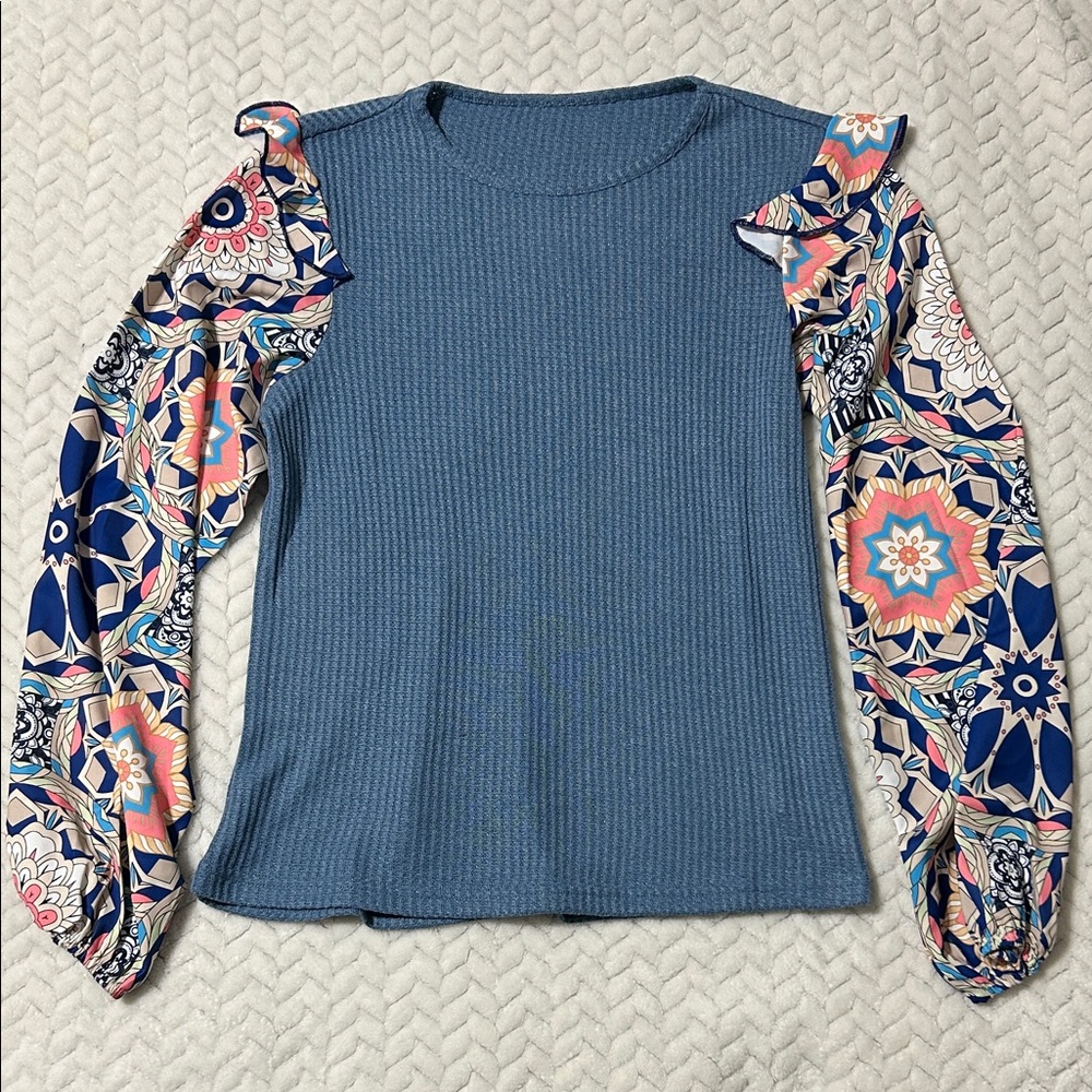 Blue Ribbed Knit Top with Printed Long Sleeves